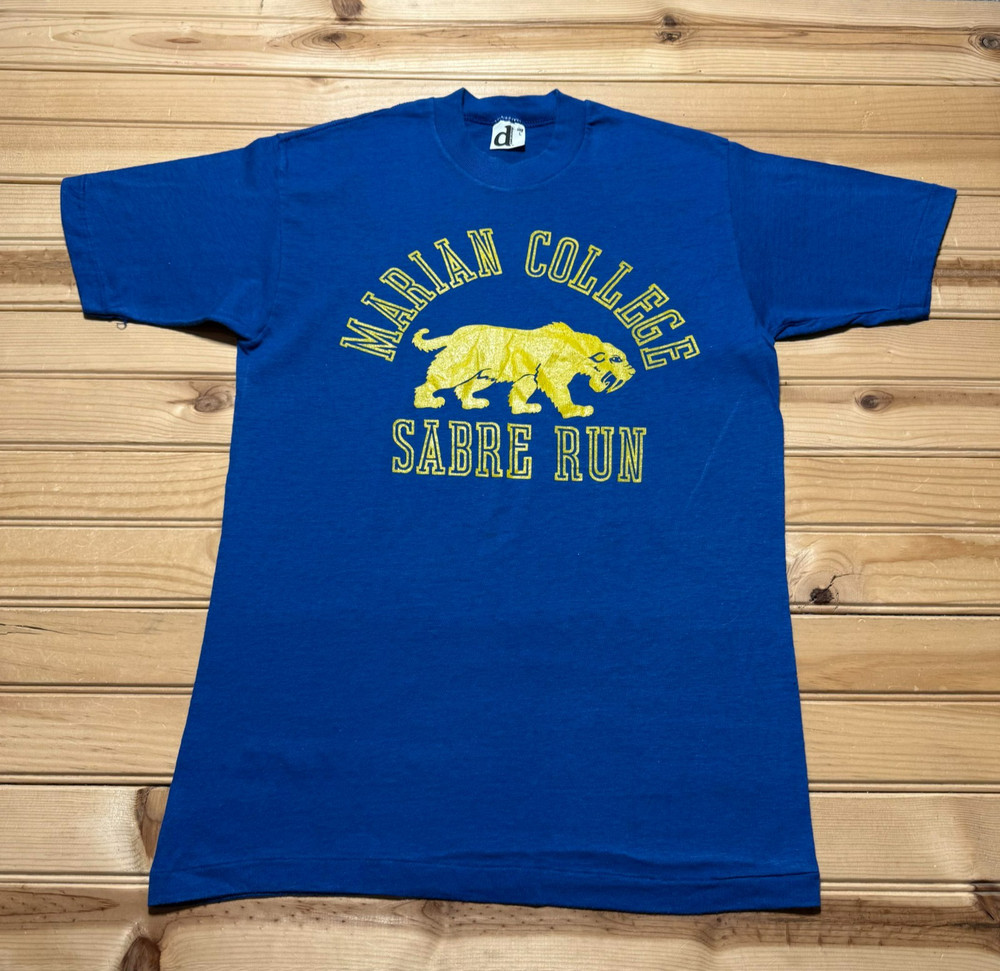 Vintage 70s 80s Marian College Sabre Run Mascot Spellout Shirt Youth Size Large