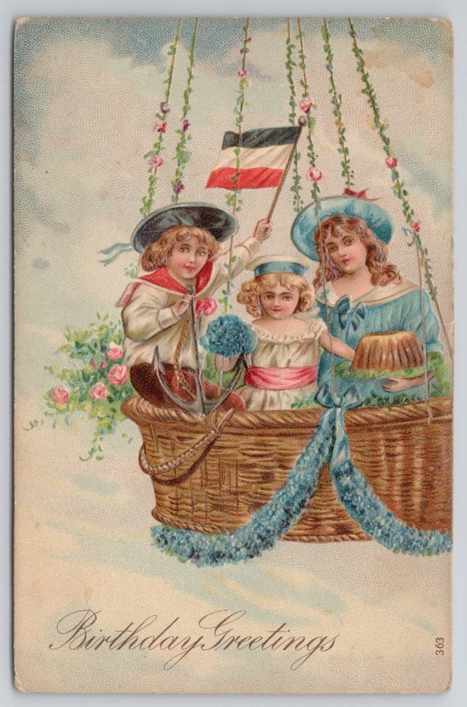 Birthday Greetings Children Hot Air Balloon German Flag Embossed Postcard c1900s