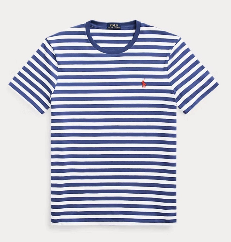 Polo Ralph Lauren Custom Slim Fit Tee Mens Large Blue White Striped Cotton Shirt