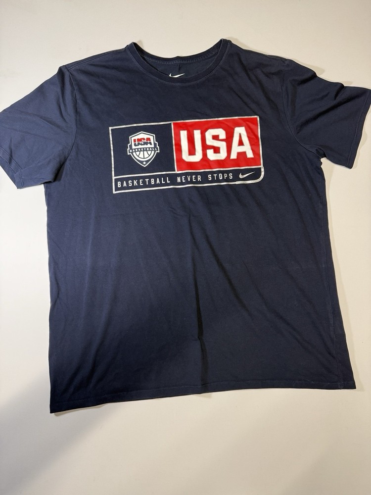 Nike Team USA Basketball T-Shirt Men’s XL Navy Blue “Basketball Never Stops