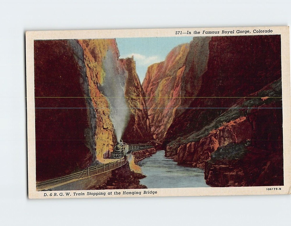 Postcard D & RGW Train stopping at the Hanging Bridge in Royal Gorge Colorado