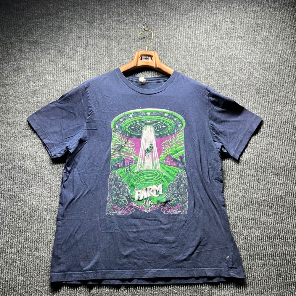 The Farm Boulder Colorado T Shirt Mens XL Blue UFO Cow Abduction Graphic Tee