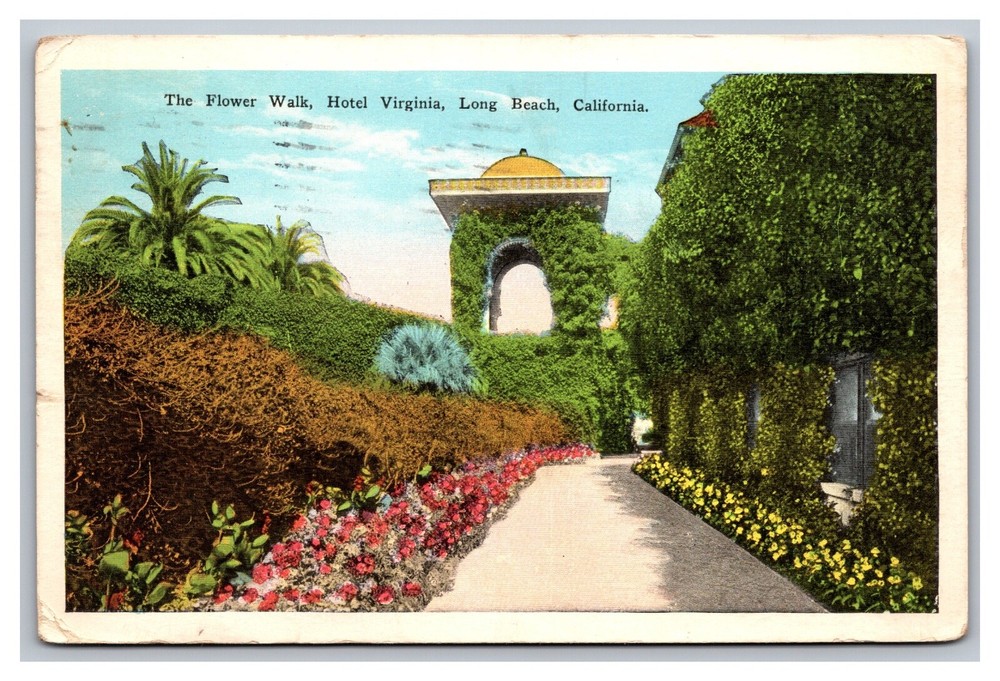 Long Beach CA Hotel Virginia The Flower Walk White Border Postcard Posted 1928