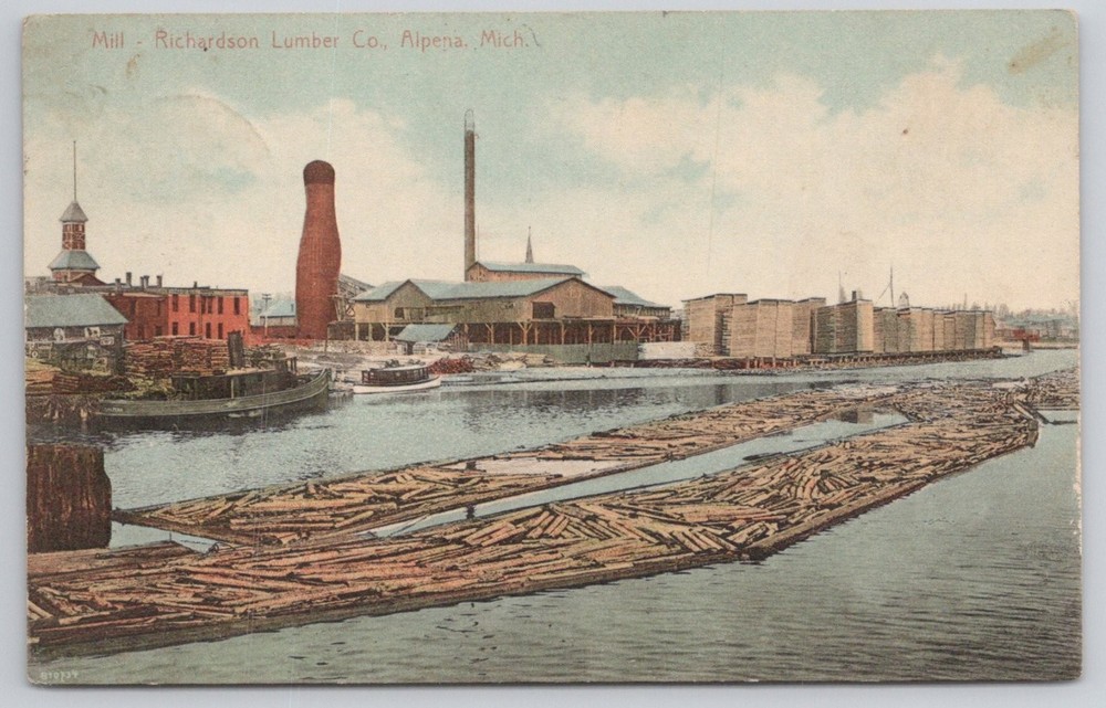 1911 Alpena, MI Richardson Lumber Mill & Log Rafts Vintage Postcard