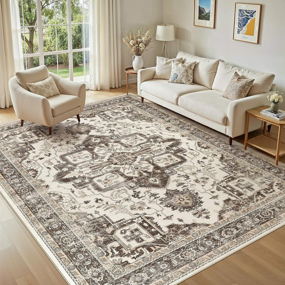 Washable 5X7 Area Rug for Living Room - Vintage Distressed Carpet with Non-Slip