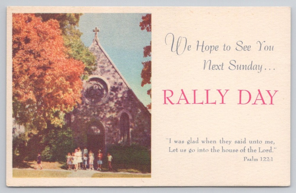 Vintage RALLY DAY Church Postcard - Autumn Scene w/ Children & Bible Verse