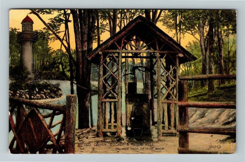 Detroit MI-Michigan Old Oaken Bucket, Rustic Well, Park c1912 Vintage Postcard