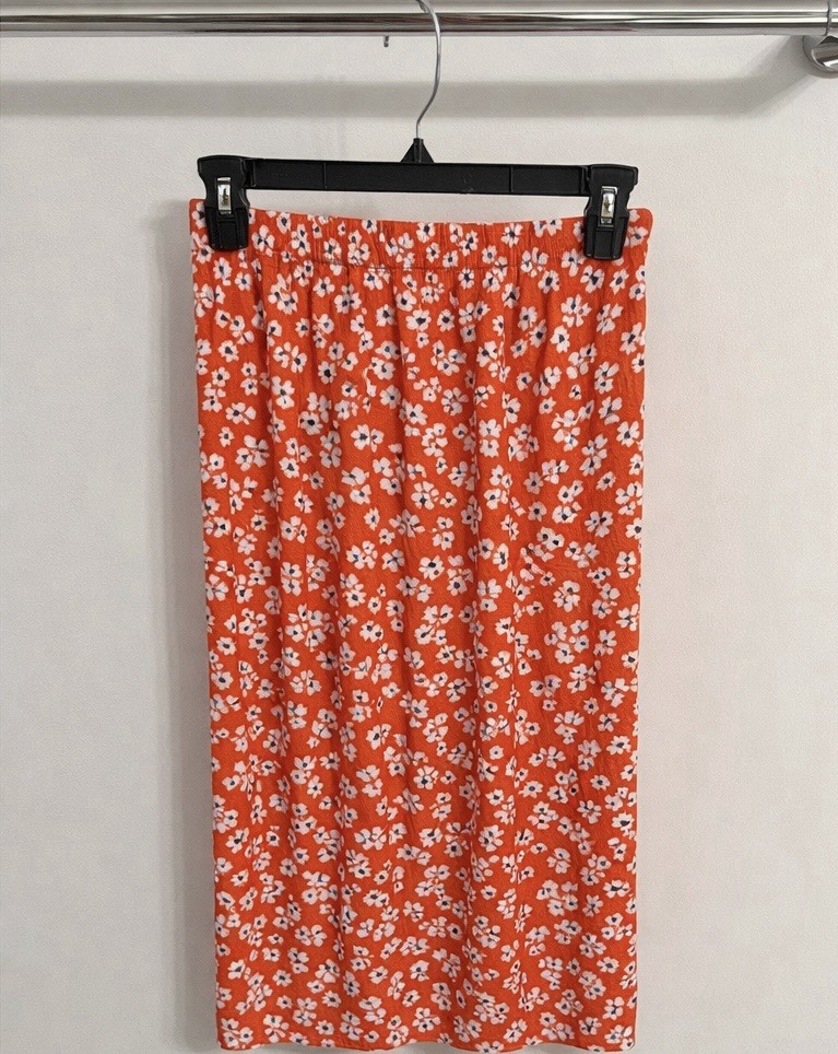 Bershka Orange Floral Midi Skirt Ruched Elastic Waist Straight Size S