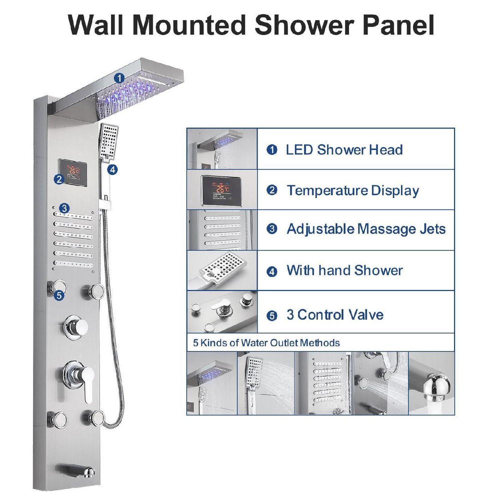 Stainless Steel Shower Panel Tower System LED Rain Waterfall Shower Massage Jet