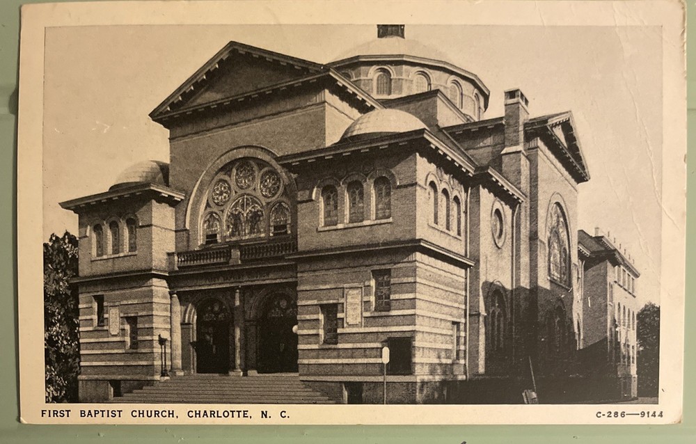 1944 First Baptist Church, Charlotte North Carolina NC Postcard WWII Era Stamp