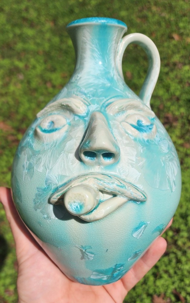 Stunning Phil Morgan Crystalline Face Jug With Cigar Seagrove NC 8.25