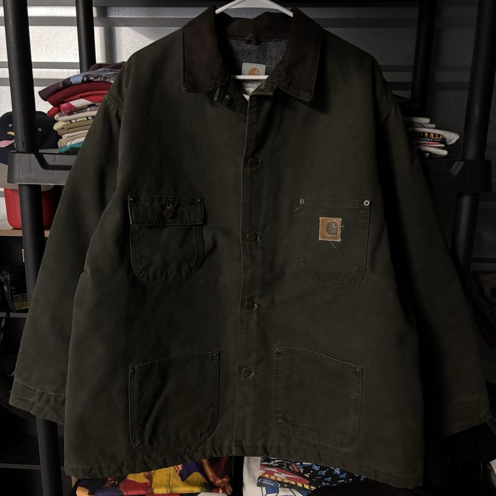 Vintage Carhartt C02 MOS Green Blanket Lined Chore Duck Canvas Field Coat Jacket