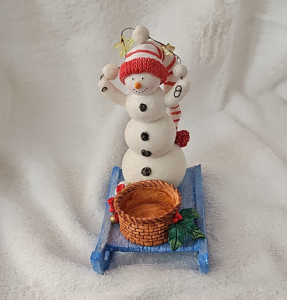 Snowman on Blue Sled Resin Christmas Figurine w/ Basket Glitter 3D Effect