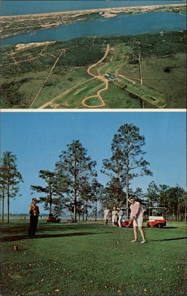 Gulf Shores Alabama ~ multi-view aerial & golf course ~ 1950s-60s postcard