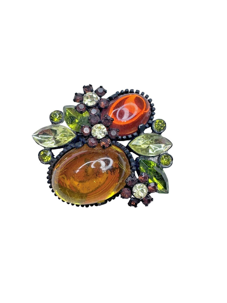 Autumn Lucite Glass Crystal Brooch Japanned Metal Vintage Unsigned