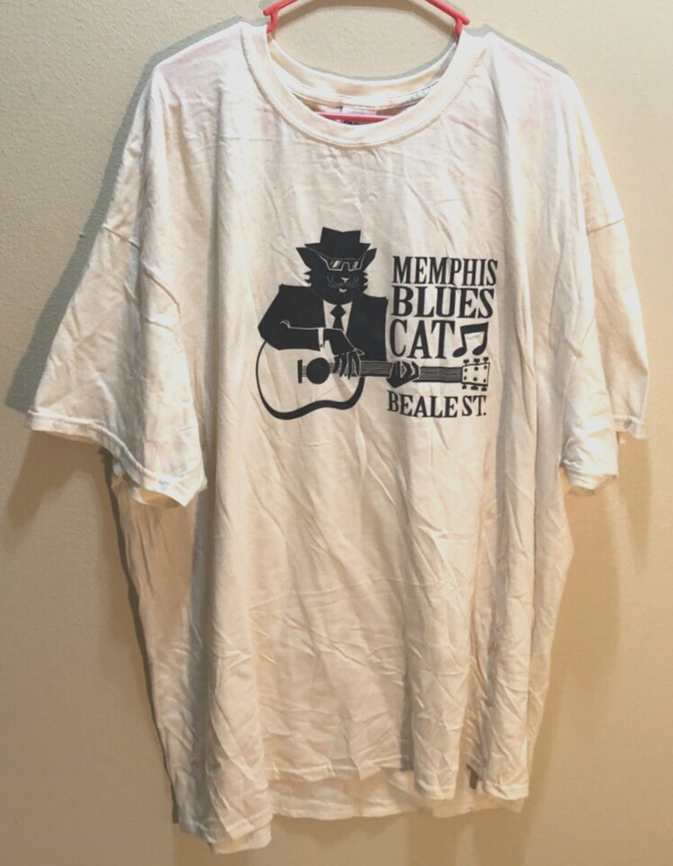 Memphis Blues Cat Beale Street Tennessee Vintage 90s Cream White T-Shirt 3XL