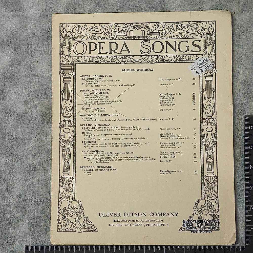 Vintage Opera Songs Sheet Music Oliver Ditson Then You'll Remember Me Balfe 1930