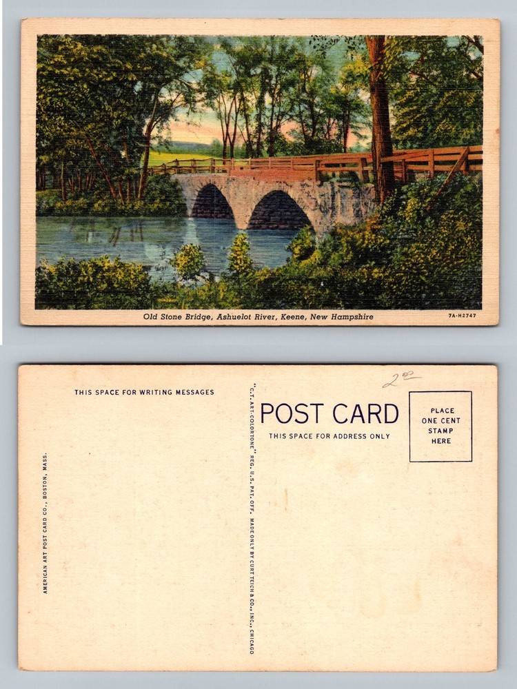 Keene, NH-New Hampshire, Old Stone Bridge Ashuelot River Scene Vintage Postcard