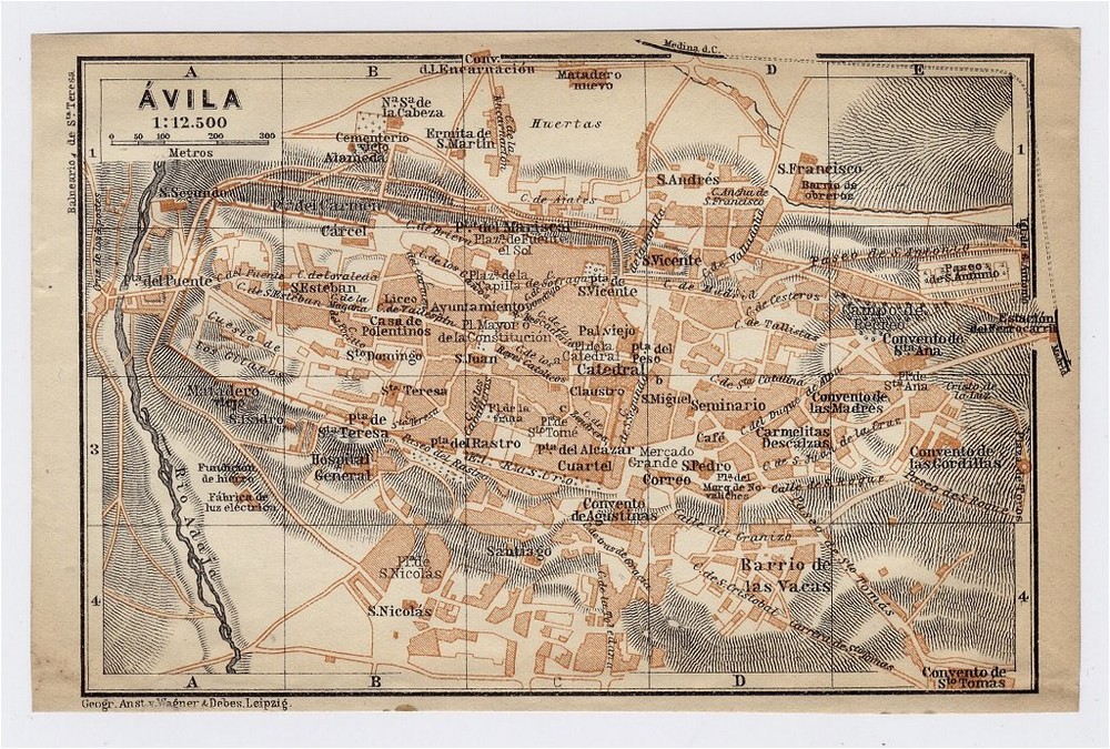 1913 Original Antique City Map Of Avila / Castile And Leon / Spain