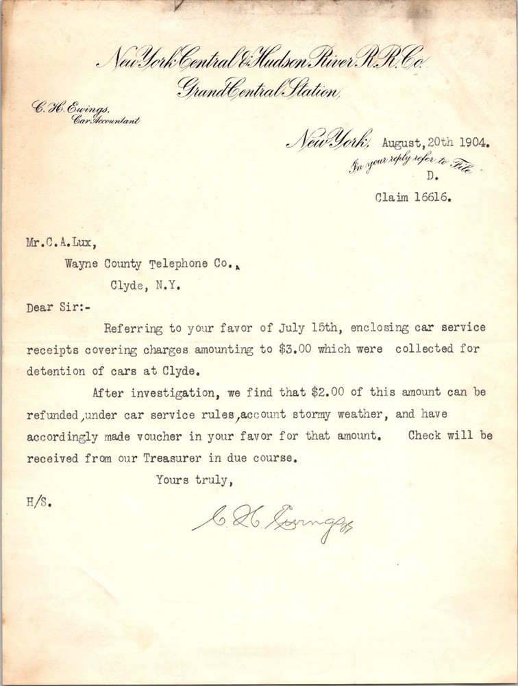 1904 New York Central RR Letter Grand Central Station Clyde NY Ephemera