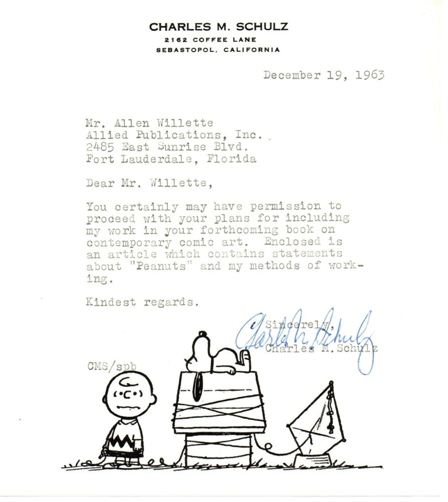 Charles M Schulz PEANUTS creator signed 1963 TLS with photo