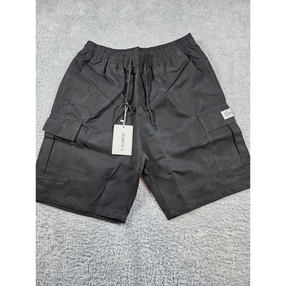 Summer Cargo Shorts M Black Mens Tonal Camo Elastic Waist Utility Drawstring