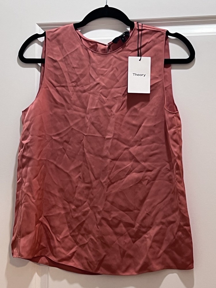 Theory Shell Georgette Light Pink Coral 100% Silk Sleeveless Blouse S Round Neck