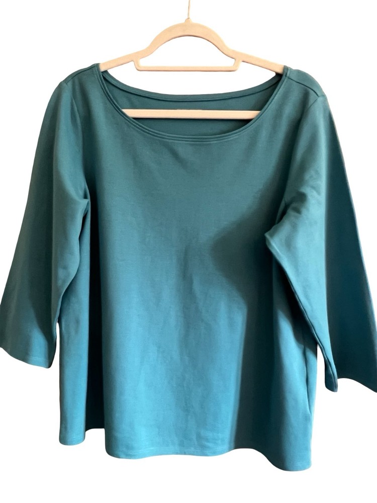 Eileen Fisher XL Tunic Top Deep Teal Green Cotton Jersey Bateau Neck 3/4 Sleeve