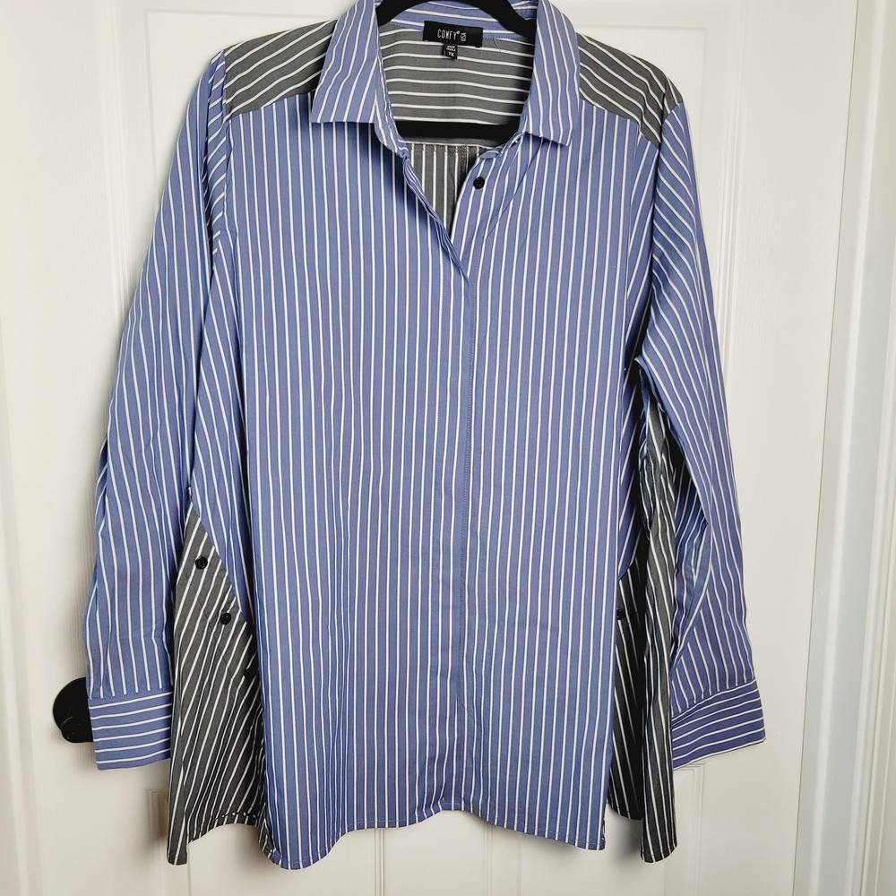 Comfy USA Shirt 1X Blue Gray Striped Button Down Oversize Boho Lagenlook USA