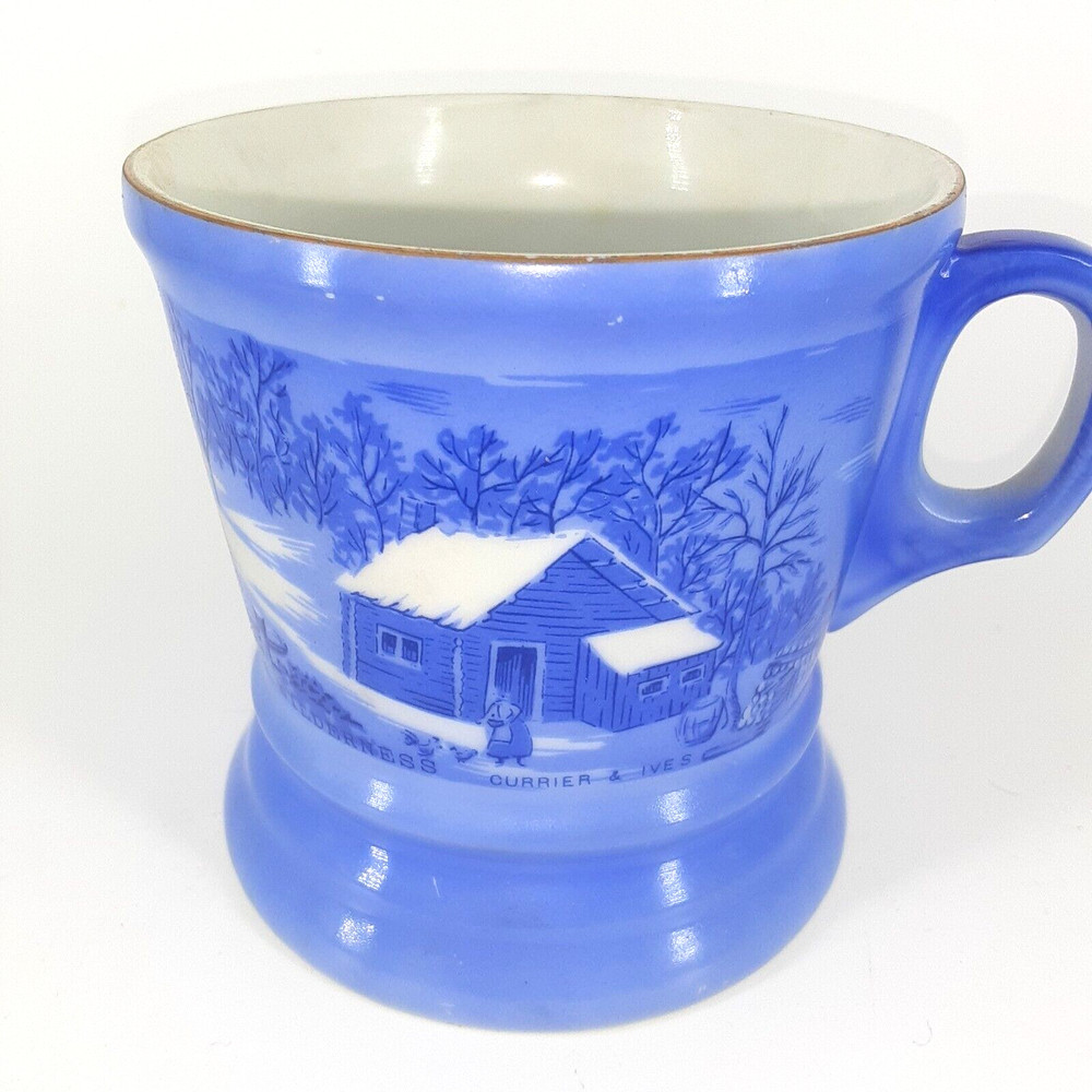 Currier and Ives Mug Old Homestead In Winter Blue White Gold Trim vintage