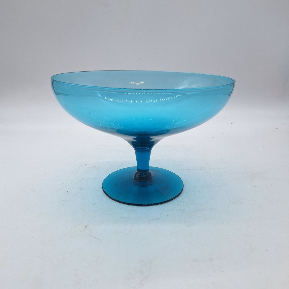 Mid Century Modern Cerulean glass pedestal compote bowl aquamarine Italian blown