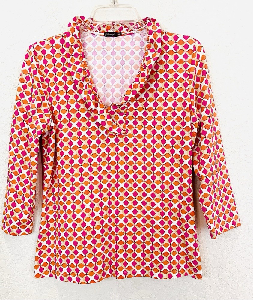 J McLaughlin Size M Durham Ruffle Neck Top Blouse 3/4 Sleeve Catalina Cloth