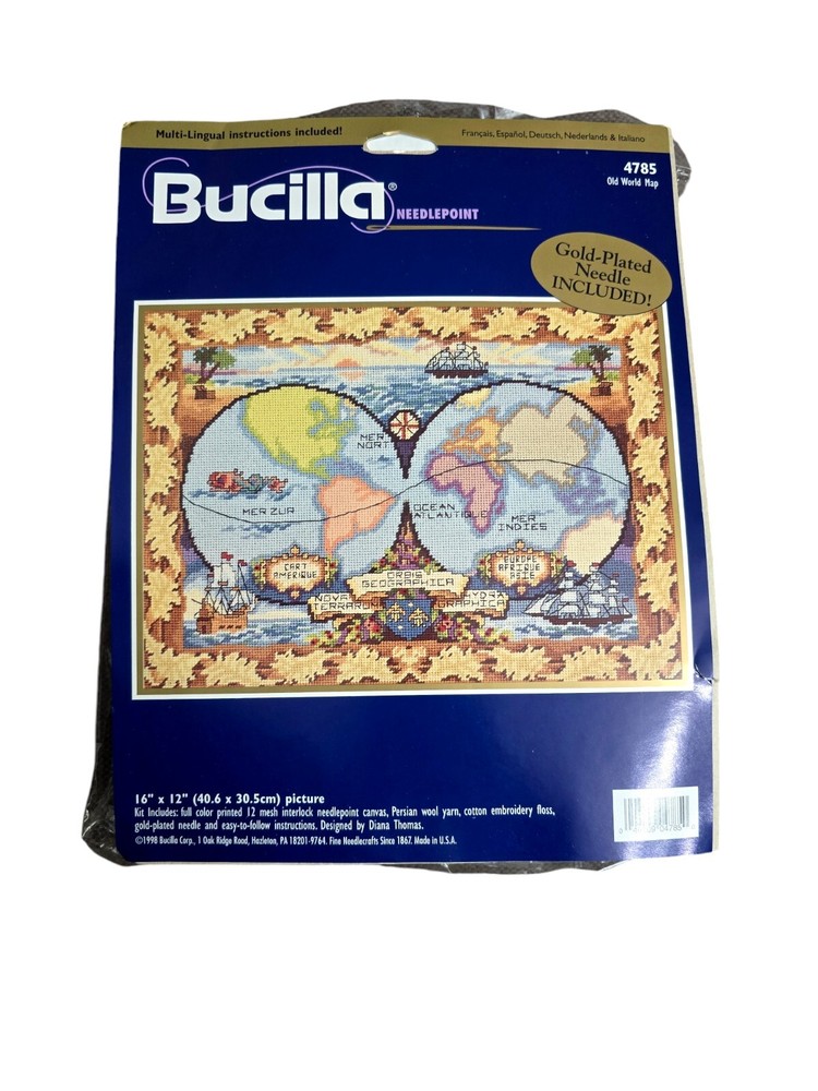 Bucilla 4785 Needlepoint Kit Old World Map 16x12 Picture  Gold Plated Needle