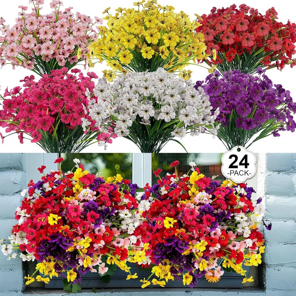 24 Pcs (6 Color) UV Resistant Outdoor Artificial Faux Flowers Plants Realistic P
