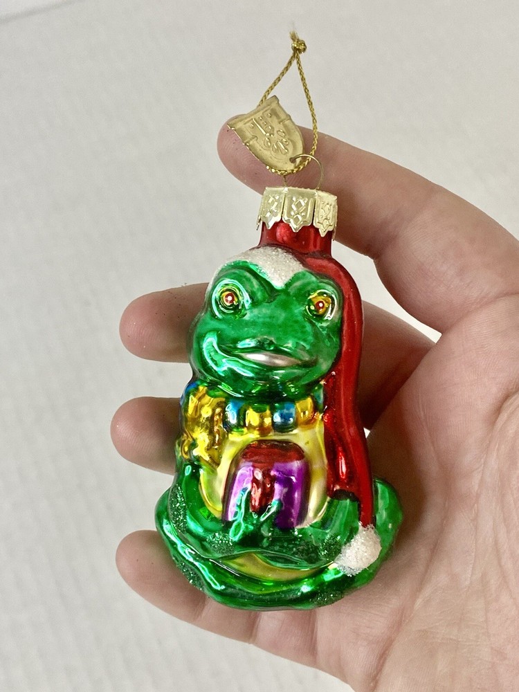 Thomas Pacconi Christmas Ornament Green Frog Santa Hat Holiday Blown Glass