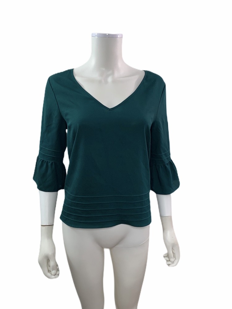 Pine And Needle Womens Green V Neck 3/4 Bell Sleeve Blouse Size Small