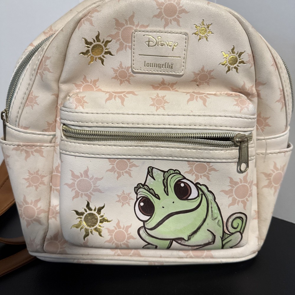 Disney Tangled Pascal Loungefly Mini Backpack Lizard ~ Beige/ Brown ~ Zip ~ NICE
