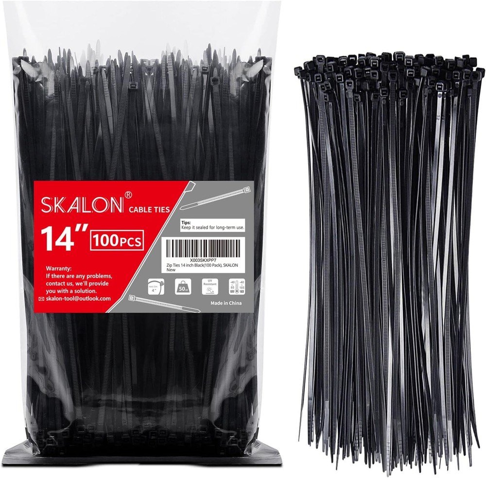 Heavy-Duty 14-Inch Black Zip Ties 100 Pack 50lb Tensile Strength