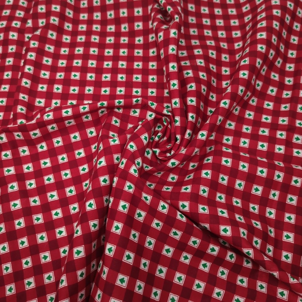 Vintage Lil Christmas Trees On Red Plaid Cotton by Carole McMullin 38 x44