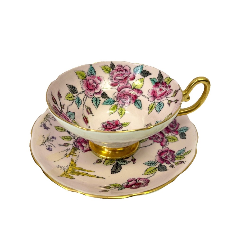Taylor & Ken Footed TEACUP SAUCER Gold Pink Victorian Floral England Bone China