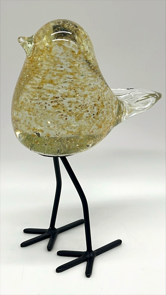 Hand Blown Art Glass Bird Figurine Gold Confetti Glass on Metal Legs Modern Deco