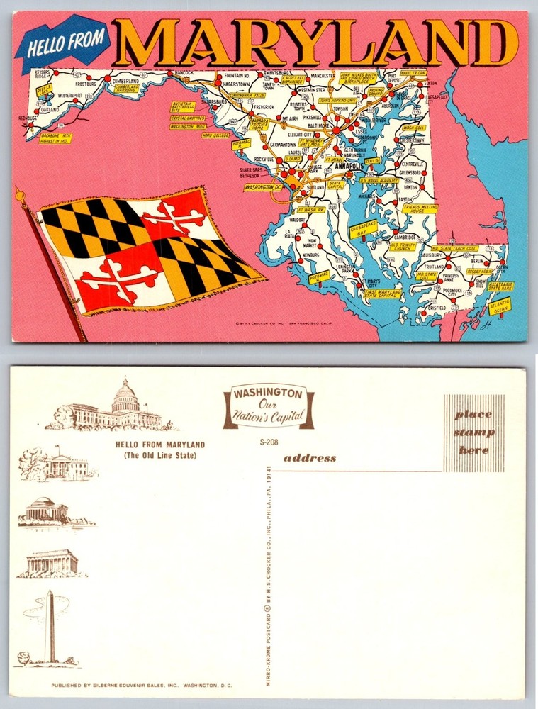 Hello From Maryland Map Postcard Mirro-Krome State Flag Washington DC Landmarks