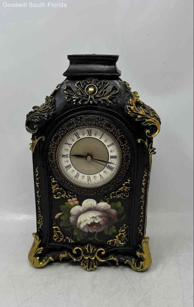 Vintage Black Golden Floral Design Analog Quartz Mantel Table Clock No Tested