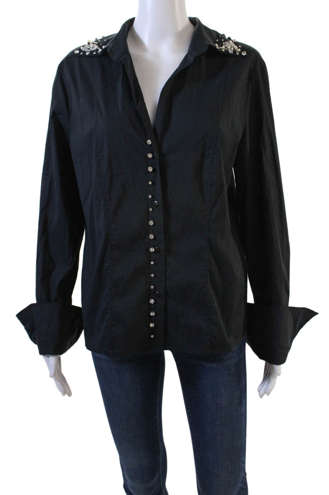 Luisa Cerano Womens V Neck Crystal Embellished Button Down Blouse Black Size 12Free Shipping in US $100+ Orders | $6.95 Orders Below