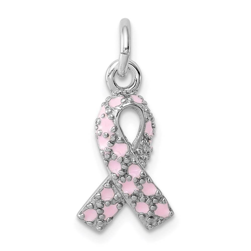 Sterling Silver Rhodium-plated Enameled Pink Ribbon Charm Pendant 0.99gm