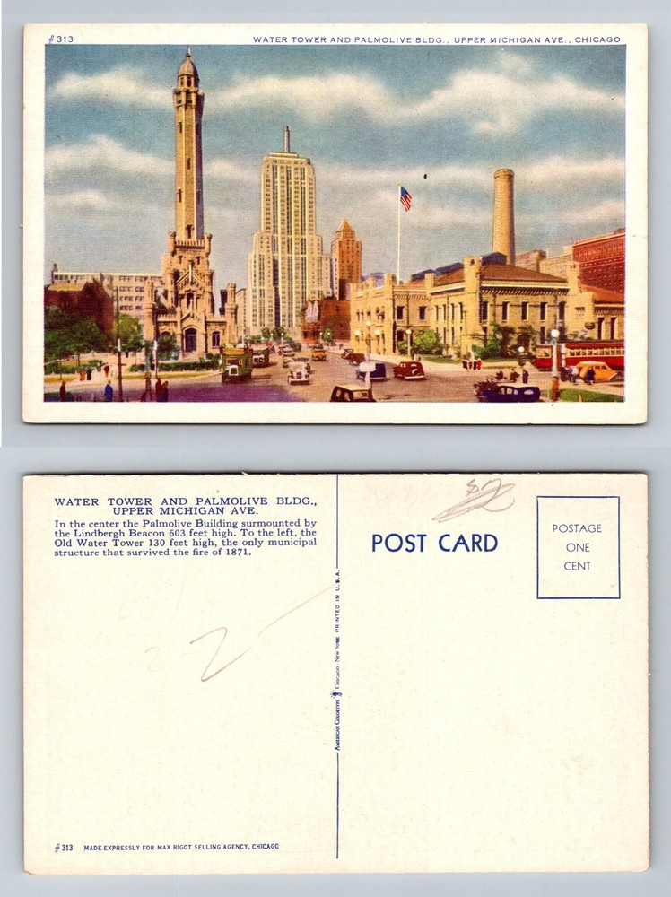 Chicago, IL-Illinois, Water Tower and Palmolive, Michigan Ave Vintage Postcard