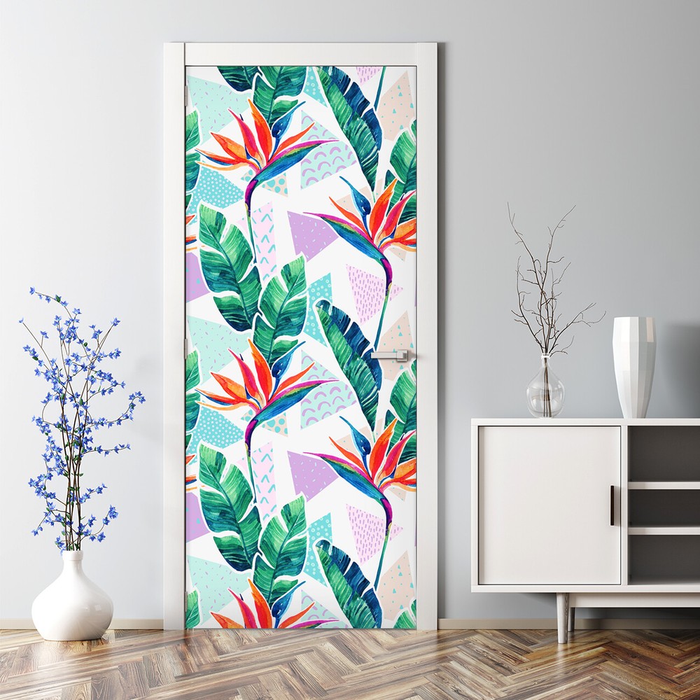 Abstract Jungle Adhesive Geometric Watercolour Leaves Repositionable Door Decal