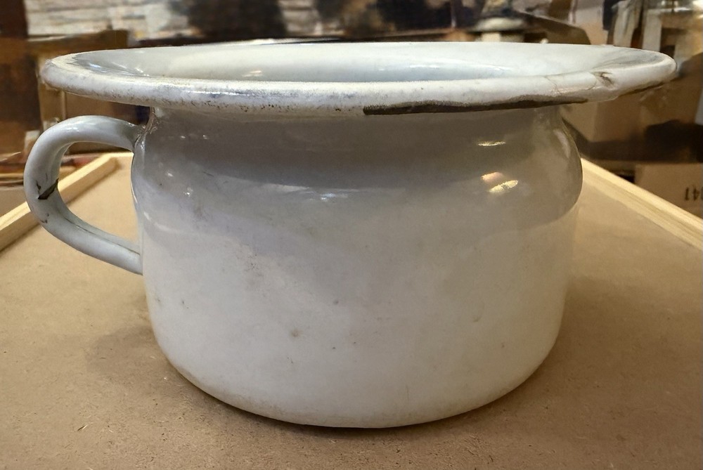 Vintage Enamelware Child Size Chamber Pot White Country Rustic ~1932 “Germany”