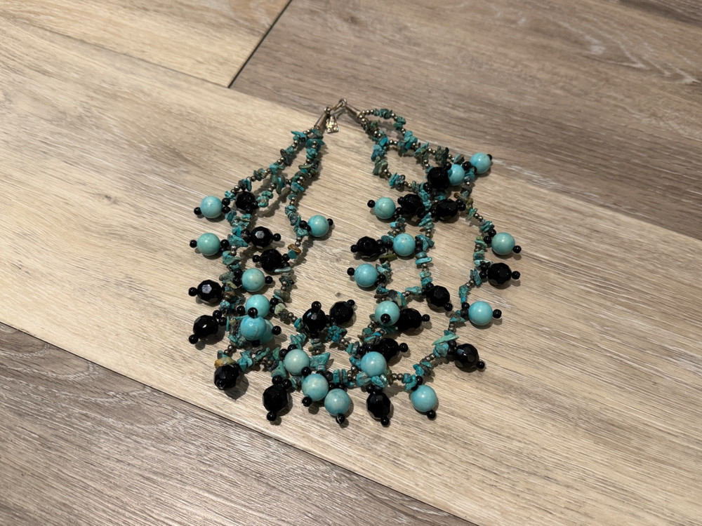 Native American Turquoise Sterling Silver and Black Beaded Pendant Necklace Auth
