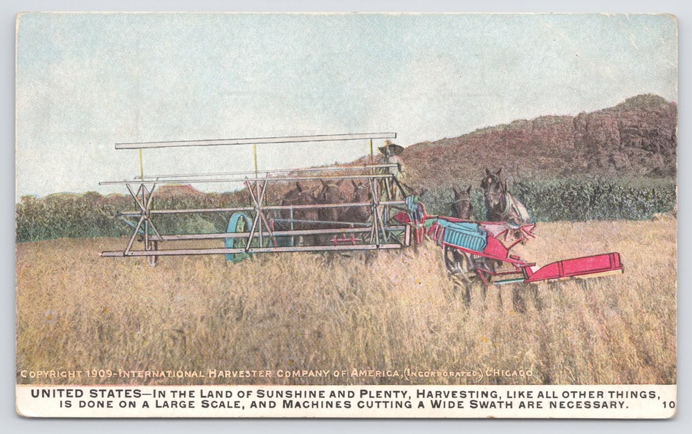 Farm~Land of Sunshine & Plenty Horse Drawn Harvesting Scene~Vintage Postcard